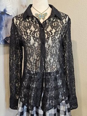 Tina Hagen Vintage Black Sheer Button-Down Blouse Floral Lace Whimsygoth Medium